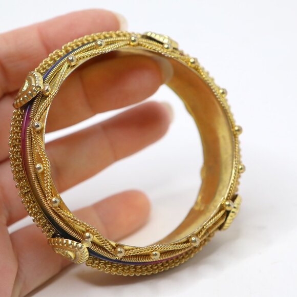 Ornate Indian Style Gold Tone Bangle Bracelet Multi-Color Enamel Filigree Blue - Picture 5 of 7